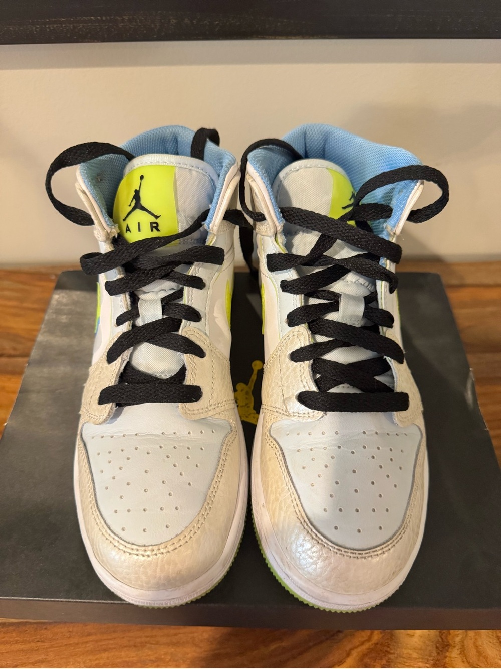 Jordan Kids High-Top Sneakers in White, Neon Yellow & Light Blue